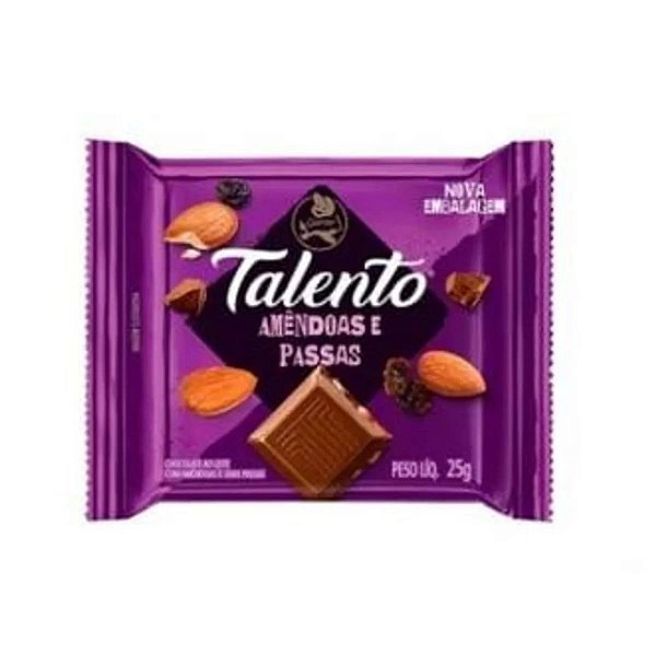 Mini barra de chocolate sabor amêndoas e passas caixa com 15 unidades de 25g - Talento