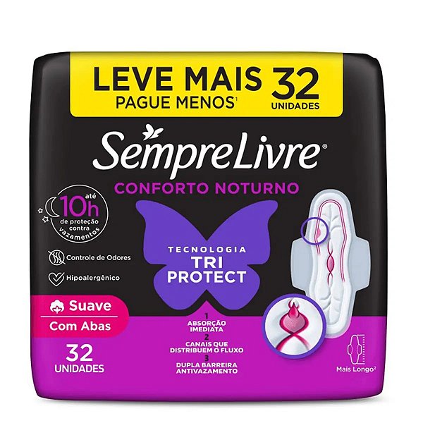 Absorvente Externo Sempre Livre Adapt Plus Noite e Dia Cobertura Suave Com Abas 32 Unidades