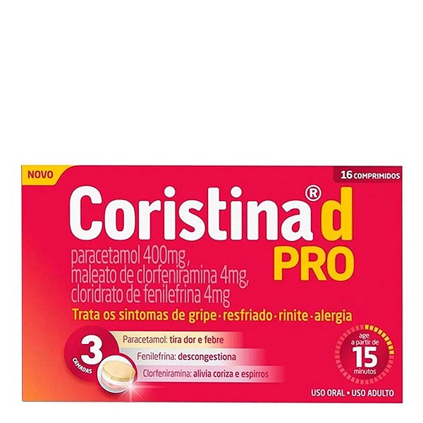 Antigripal, Analgésico e Descongestionante Coristina D Pro 400mg + 4mg + 4mg 16 Comprimidos