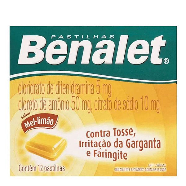 Antialérgico, Expectorante e Descongestionante Benalet 5mg + 50mg + 10mg 12 Pastilhas Mel e Limão