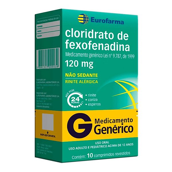 Antialérgico Cloridrato de Fexofenadina 120mg Genérico Eurofarma 10 Comprimidos