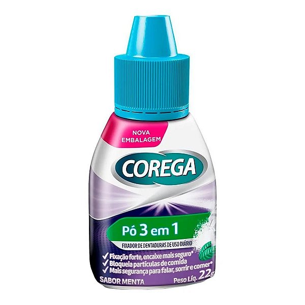 Fixador de Dentadura Corega Pó 3 em 1 Forte Fixação Sabor Menta 22g
