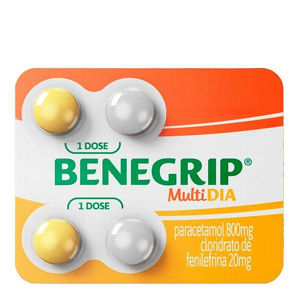 Antigripal, Analgésico, Antitérmico e Descongestionante Benegrip Multi Dia 800mg + 20mg 4 Comprimido