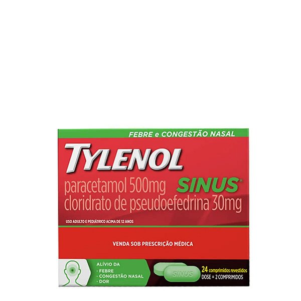 Analgésico, Antitérmico e Descongestionante Tylenol Sinus 500mg + 30mg 24 Comprimidos Revestidos