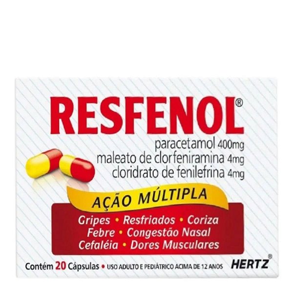 Antigripal, Analgésico, Antitérmico e Descongestionante  Resfenol 400mg + 4mg + 4mg 20 Cápsulas