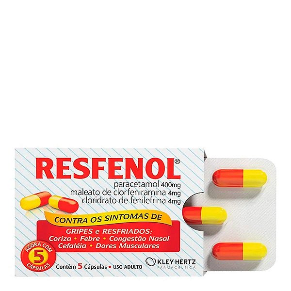 Antigripal, Analgésico, Antitérmico e Descongestionante  Resfenol 400mg + 4mg + 4mg 5 Cápsulas