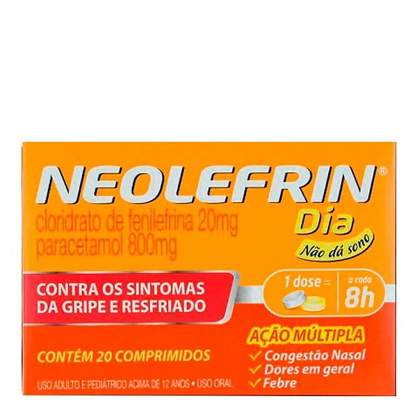 Antigripal, Descongestionante, Analgésico e Antitérmico Neolefrin Dia 800mg + 20mg 20 Comprimidos