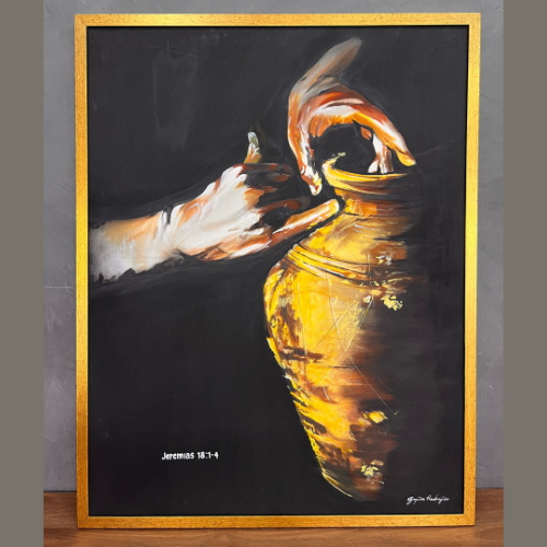 Quadro - Vaso nas Mãos do Oleiro - Tela Artistica com Moldura Dourada - Tamanho 93x73