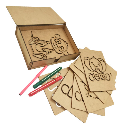 Kit Estêncil Desenho Infantil Mdf 17 Moldes E Estojo Brinque Marrom