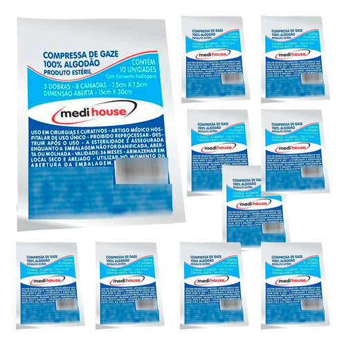 10 Pacotes Com 10unid Compressa Gaze Estéril 7,5x7,5 Algodão