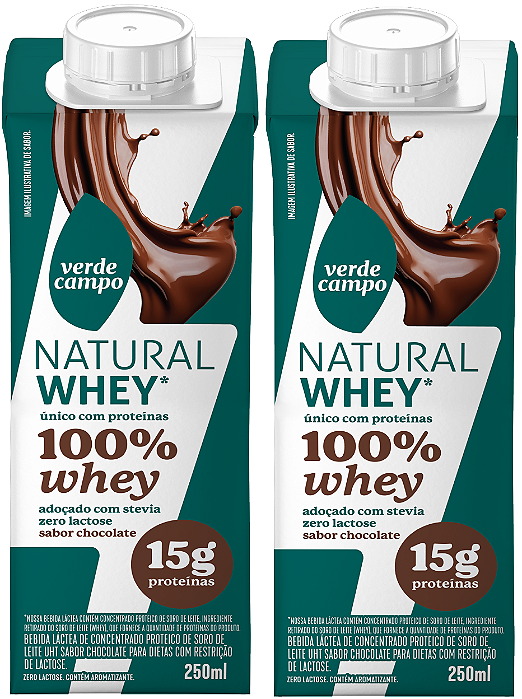 Kit 2 Shake Natural 100% Whey Protein 15g Chocolate 250ml Verde Campo