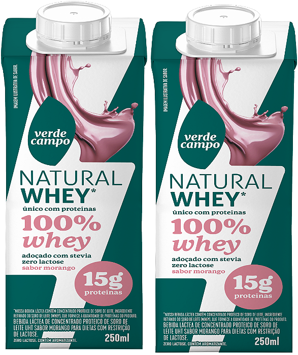 Kit 2 Shake Natural 100% Whey Protein 15g Morango 250ml Verde Campo