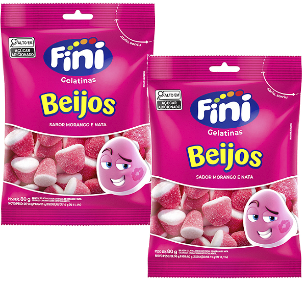 Kit 2 Bala Gelatinas Beijos Morango e Nata 80g Fini