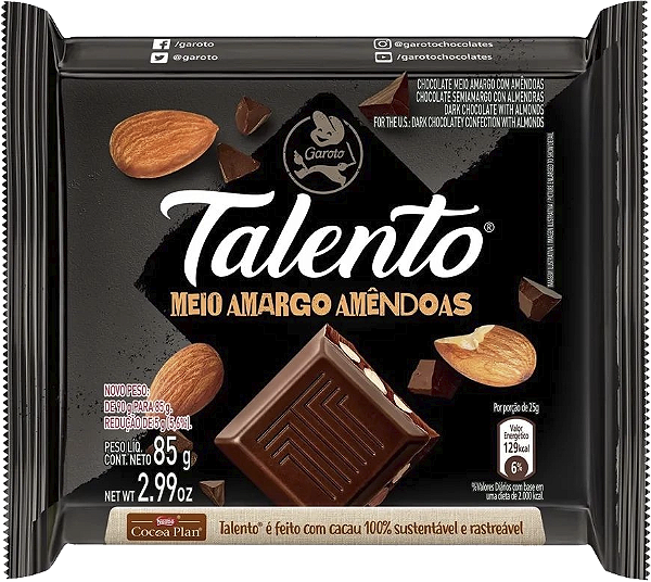 Chocolate Meio Amargo Amendoas 85g Talento Garoto