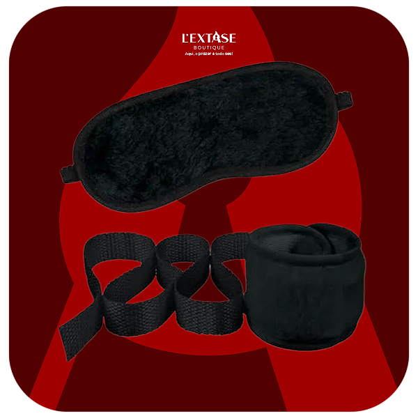 Kit bondage com algema, tornozeleira e venda em pelúcia