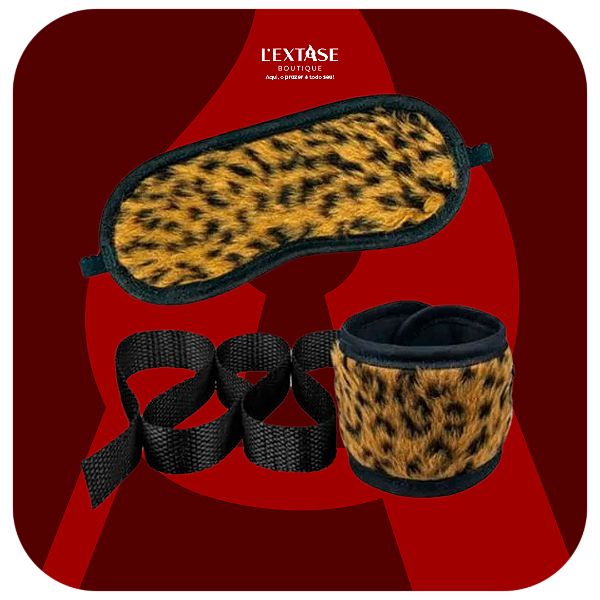 Kit bondage com algema, tornozeleira e venda em pelúcia onça