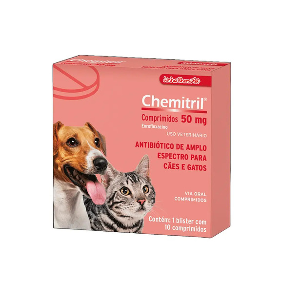 Antibiótico Chemitril 50mg para Cães e Gatos Chemitec 10 comprimidos