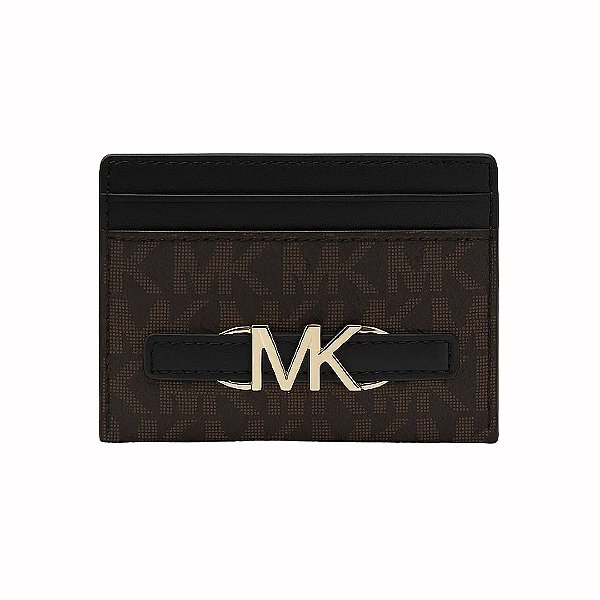 Porta-Cartões Michael Kors Monograma Marrom com Detalhe MK Dourado