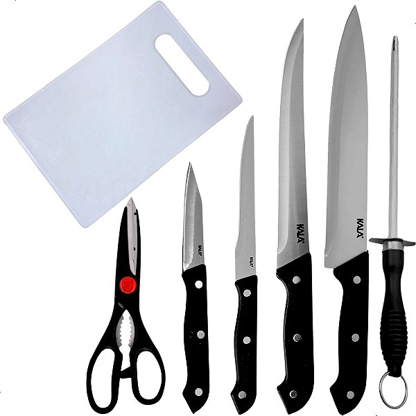 Jogo 7pçs Facas Inox Tesoura Tábua Chaira Cozinha Churrasco Kala
