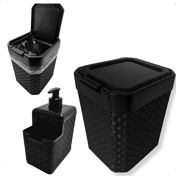 Kit Lixeira Click Pia 5lts + Porta Detergente Esponja Sabão