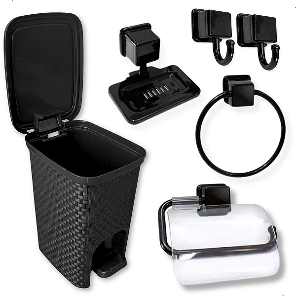 Kit Porta Acessórios Banheiro Lixeira Pedal 7 Litros Rattan Preto ArqPlast