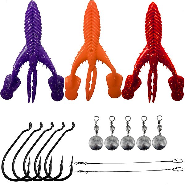 Kit 3 Iscas Craw Padlle + Anzol OffSet 4/0 5pçs + 2 Chicote + Down Shot 10g 5pçs