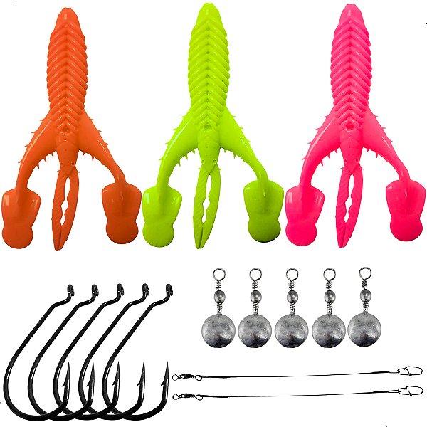 Kit 3 Iscas Craw Padlle + Anzol OffSet 4/0 5pçs + 2 Chicote + Down Shot 10g 5pçs