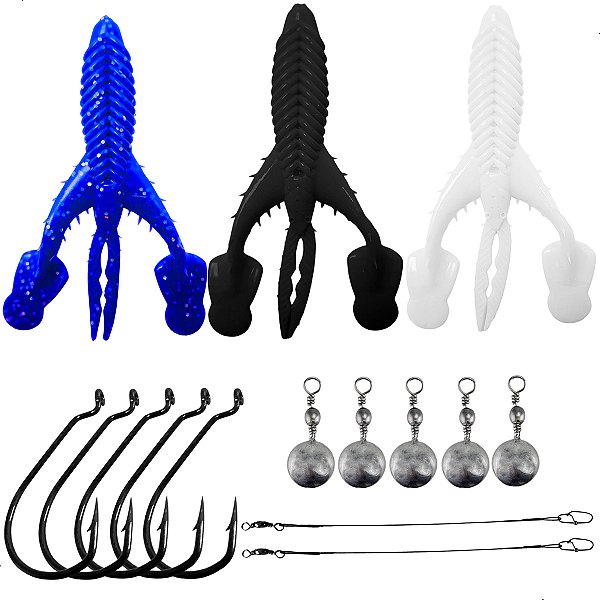 Kit 3 Iscas Craw Padlle + Anzol OffSet 4/0 5pçs + 2 Chicote + Down Shot 10g 5pçs