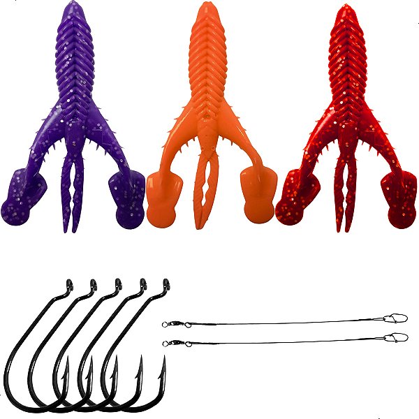 Kit 3 Iscas Craw Padlle + Anzol OffSet 4/0 5pçs + 2 Chicote