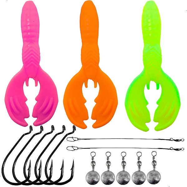 Kit 3 Iscas Mini Craw + Anzol Offset + Chicote + Down Shot 10g