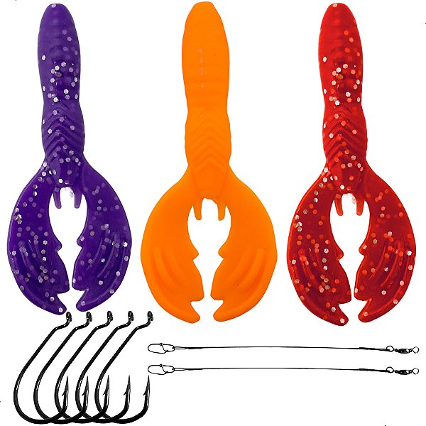 Kit 3 Iscas Mini Craw + Anzol Offset + Chicote Pesca Esportiva