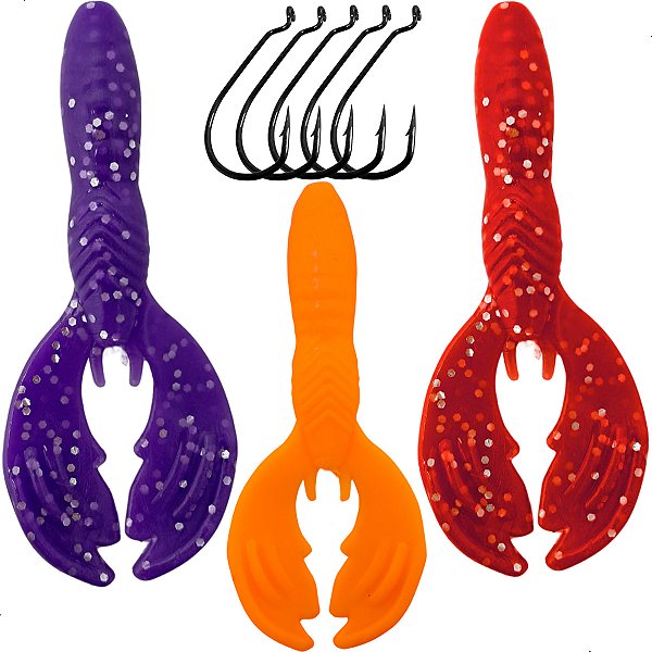 Kit 3 Iscas Mini Craw + Anzol Offset 2/0 Pesca Esportiva