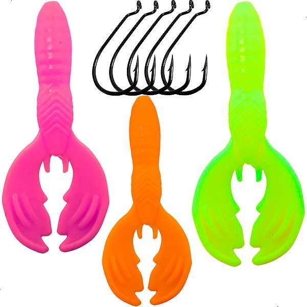 Kit 3 Iscas Mini Craw + Anzol Offset 2/0 Pesca Esportiva