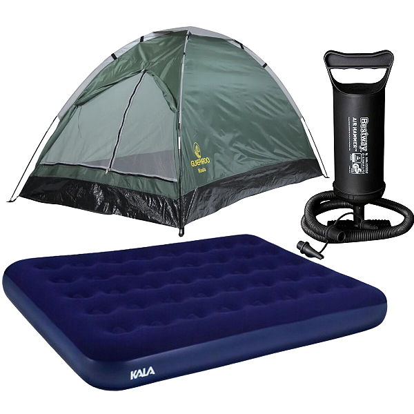 Kit Barraca Camping 3P Koala + Colchao Casal Kala Azul + Bomba Inflador Manual
