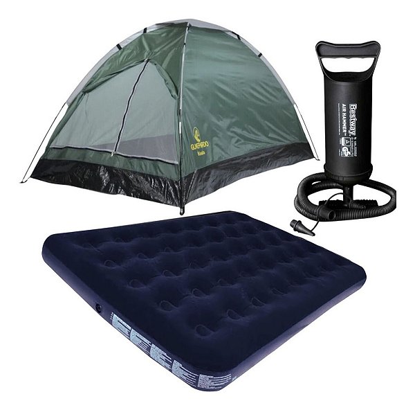 Kit Barraca Acampamento Camping 3 Lugares Koala + Colchão Casal Bel + Bomba Manual