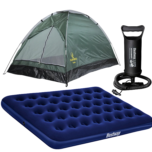 Kit Barraca Camping 3 Lugares Koala + Colchão Casal Bestway Acampamento + Bomba Manual