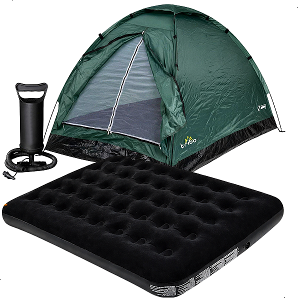 Kit Barraca Camping 3 Lugares C/ Colchão Casal Deluxe Acampamento + Inflador
