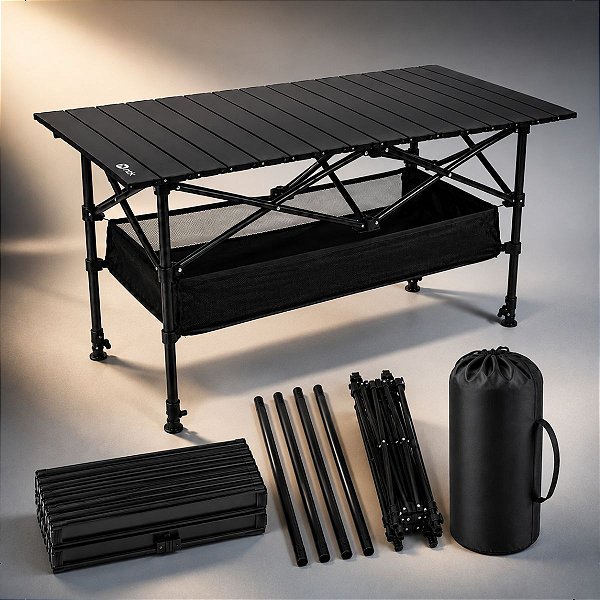 Mesa Dobrável Camping NTK Frade GT 120 Altura Ajustável 50 a 80cm Tampo Alumínio Porta Objetos 120cm