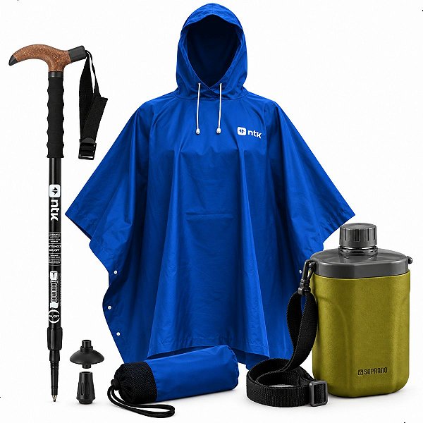 Kit Bastão Capa de Chuva NTK Cantil 1L Trilha Camping Acampamento