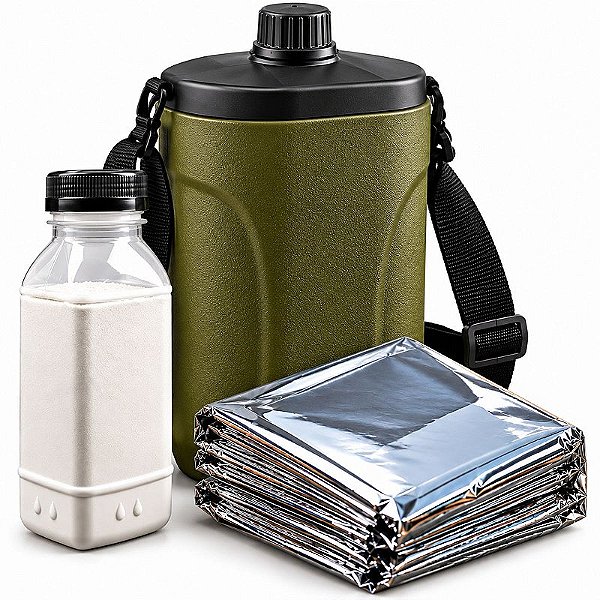 Kit Cal Virgem 200 Gramas + Cantil Plastico + Cobertor de Emergencia