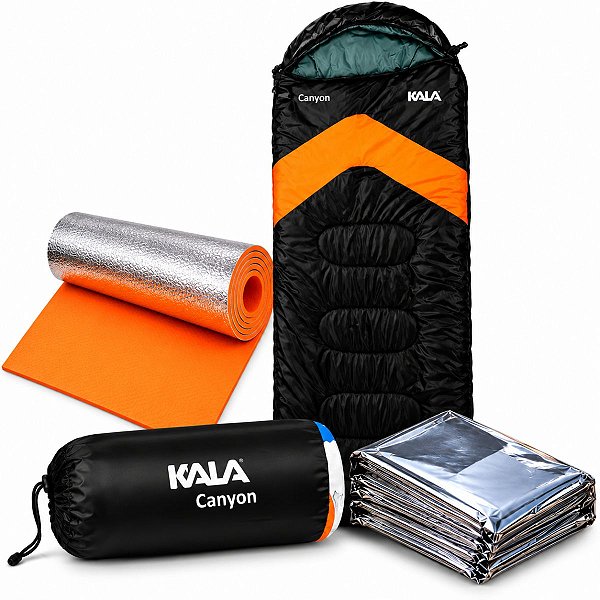 Kit Saco de Dormir Canyon Kala 5C a 12C + Isolante Termico Kala + Cobertor de Emergencia