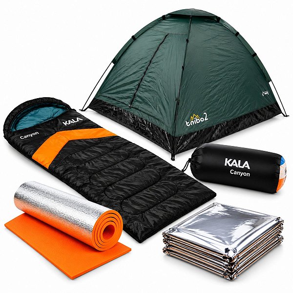 Kit Barraca 2P + Saco de Dormir Canyon Kala + Isolante Termico Kala + 3 Cobertor de Emergencia