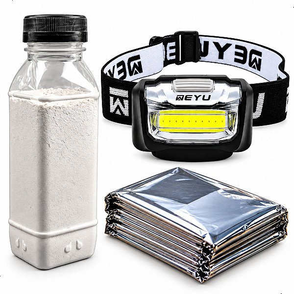 Kit Cal Virgem 200g + 3 Cobertor de Emergencia + Lanterna Cabeca