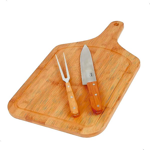 Conjunto Churrasco 3pçs Bamboo Mor Tabua 50x30cm Faca Garfo