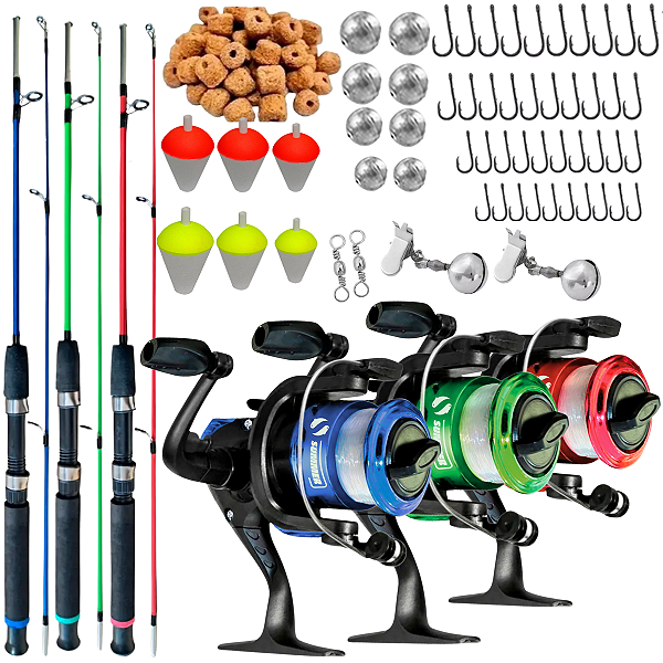 Kit Pesca Completo 3 Varas 1,20m 6 kg 3 Molinetes + Acessórios