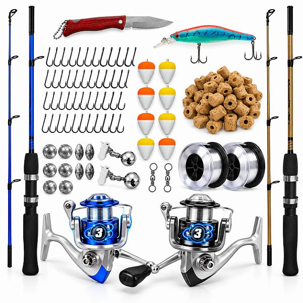 Kit Pesca Completo 2 Varas 2 Molinetes 3 Rolamentos Acessórios Anzól Chumbada Isca Bóia