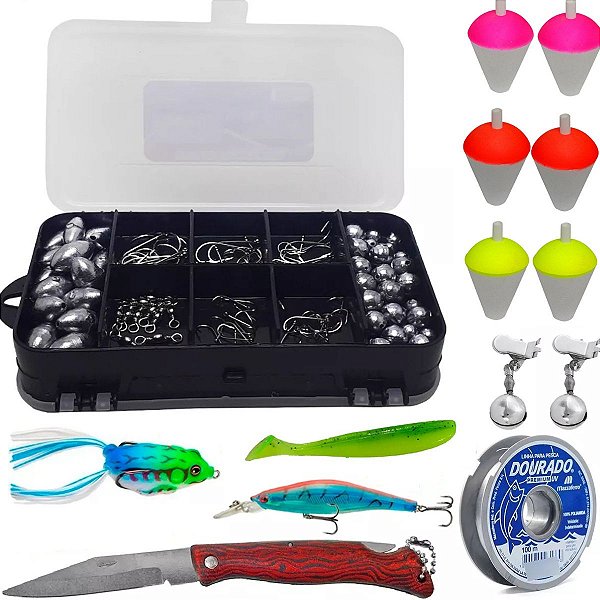 Kit De Pesca Esportiva Anzol Iscas Articiais Bóias Giradores E Acessórios
