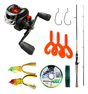Kit Carretilha 3Rolamentos + Vara Carbono 1,68m + Iscas Para Traira