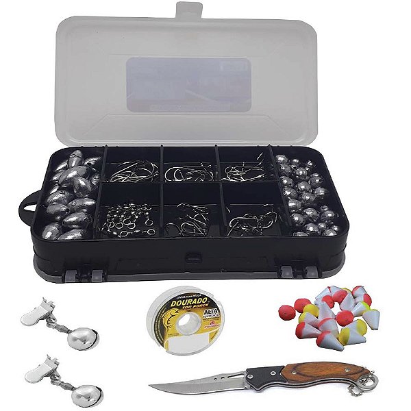 Kit Pesca Estojo Anzol Chumbada Linha Boias e Canivete