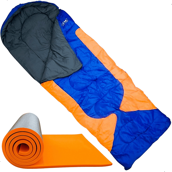 Kit Acampamento Saco de Dormir Freedom Azul e Laranja + Isolante Termico Kala